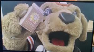 Chomps holding up some milk during the virtual breakfast party 